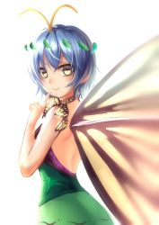Rule 34 | 1girl, antennae, backless dress, backless outfit, blue hair, blush, butterfly wings, closed mouth, dress, eternity larva, from side, green dress, hair ornament, hidden star in four seasons, index finger raised, insect wings, koissa, leaf hair ornament, looking at viewer, looking to the side, short hair, smile, solo, touhou, upper body, wings, yellow eyes