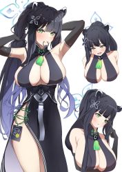 Rule 34 | 1girl, band (skymole01), bare shoulders, black dress, black gloves, black hair, blue archive, blush, breasts, dress, elbow gloves, gloves, green eyes, hair ornament, highres, large breasts, long hair, looking at viewer, multiple views, open mouth, ponytail, shun (blue archive), sideboob, smile, thighs, very long hair, white background