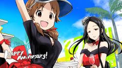 Rule 34 | 2girls, :d, anniversary, apron, armband, black hair, black shirt, blue sky, breasts, brown eyes, brown hair, collared shirt, commentary, cup, day, detached collar, dot nose, drinking glass, earrings, han nigo, hat, highres, hiiragi shino, idolmaster, idolmaster cinderella girls, idolmaster cinderella girls starlight stage, jewelry, katagiri sanae, large breasts, light smile, long hair, looking at viewer, low twintails, medium hair, mini hat, multiple girls, necklace, open mouth, out of frame, outdoors, palm tree, part time job, plate, plate stack, sailor hat, shirt, short sleeves, sky, smile, takagaki kaede, tilted headwear, tree, twintails, unbuttoned, unbuttoned shirt, very long hair, visor cap, wine glass