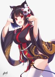 Rule 34 | 1girl, animal ear fluff, animal ears, azur lane, bee doushi, bell, black hair, black kimono, blunt bangs, breasts, cat ears, cat mask, fang, fox mask, highres, japanese clothes, jingle bell, kimono, mask, mask on head, medium breasts, panties, pantyshot, paw pose, red eyes, short hair, short kimono, sideboob, simple background, solo, standing, tail, tail bell, tail ornament, thighhighs, underwear, white panties, white thighhighs, wide sleeves, yamashiro (azur lane)