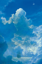 Rule 34 | artist name, bird, blue sky, blue theme, chinese commentary, cloud, cloudy sky, commentary, commentary request, day, ebine toshio, english commentary, highres, mixed-language commentary, no humans, ocean, original, scenery, ship, sky, very wide shot, watercraft