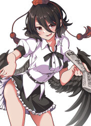 Rule 34 | 1girl, bare hips, bare legs, bird wings, black hair, black skirt, black wings, blush, breasts, buttons, clothes lift, collared shirt, fang, feathered wings, frilled skirt, frills, gokuu (acoloredpencil), hat, highres, holding, holding newspaper, large breasts, looking at viewer, miniskirt, newspaper, open mouth, puffy short sleeves, puffy sleeves, red eyes, red footwear, red hat, shameimaru aya, shirt, shoes, short hair, short sleeves, skin fang, skirt, skirt lift, smile, socks, solo, thighs, tokin hat, touhou, white shirt, white socks, wings