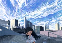 Rule 34 | 1girl, black hair, blue eyes, blue sky, blush, building, city, cityscape, cloud, cloudy sky, collared shirt, day, glowing, half-closed eyes, head tilt, highres, jewelry, long hair, necklace, no nose, original, outdoors, scenery, shirt, sizucomaru, sky, solo, swept bangs, white shirt
