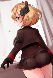 Rule 34 | 1girl, armband, ass, azur lane, black jacket, black skirt, blonde hair, blush, brown eyes, closed mouth, cowboy shot, cropped jacket, cross, curtains, eyebrows, eyelashes, from behind, hair between eyes, headgear, highres, horoyuki (gumizoku), iron cross, jacket, joints, legs together, looking at viewer, looking back, microskirt, military, military uniform, multicolored hair, open clothes, open jacket, pleated skirt, red hair, robot joints, roon (azur lane), short hair, skirt, smile, solo, streaked hair, tareme, two-tone hair, uniform, window