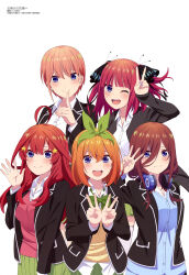 Rule 34 | :d, absurdres, black jacket, blue cardigan, blue eyes, blunt bangs, blush, brown hair, cardigan, closed mouth, collared shirt, double v, finger to mouth, go-toubun no hanayome, green skirt, hair between eyes, hair ribbon, headphones, headphones around neck, highres, jacket, long hair, looking at viewer, medium hair, megami magazine, nail polish, nakano ichika, nakano itsuki, nakano miku, nakano nino, nakano yotsuba, official art, one eye closed, open mouth, orange hair, pink hair, pleated skirt, quintuplets, red hair, red sweater vest, ribbon, scan, school uniform, shirt, short hair, siblings, simple background, sisters, skirt, smile, standing, sweater, sweater vest, teeth, upper teeth only, v, waving, white background, white shirt, yellow cardigan
