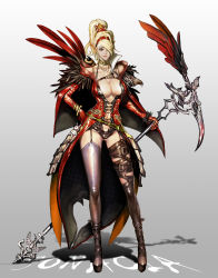 Rule 34 | 1girl, armor, artist name, bare shoulders, belt, blonde hair, boots, braid, breasts, center opening, chain, charm (object), choker, claws, cleavage, closed mouth, collarbone, crown braid, dress, earrings, elbow gloves, faulds, feathers, garter straps, gloves, gluteal fold, grey background, hair over one eye, hand on own hip, high heel boots, high heels, highres, holding, holding staff, holding weapon, hoop earrings, jewelry, large breasts, legs apart, looking at viewer, necklace, original, oversized object, pink lips, pointy ears, ponytail, red eyes, red gloves, showgirl skirt, simple background, smile, solo, sonacia, staff, standing, strap, thighhighs, weapon