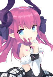 Rule 34 | 10s, 1girl, blue eyes, blush, breasts, checkered clothes, checkered skirt, detached sleeves, dragon horns, elizabeth bathory (fate), elizabeth bathory (fate/extra ccc), elizabeth bathory (second ascension) (fate), fate/extra, fate/extra ccc, fate (series), from side, heart, horns, looking at viewer, mimura zaja, open mouth, plaid, plaid skirt, red hair, simple background, skirt, small breasts, smile, solo, teeth, upper body, white background