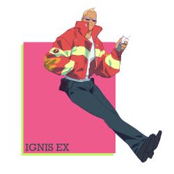 Rule 34 | 1boy, alterab, black pants, blonde hair, character name, cup, drink, facial hair, firefighter, firefighter jacket, full body, hand in pocket, highres, holding, holding cup, holding drink, ignis ex, jacket, looking at viewer, male focus, mustache, pants, pink background, pouch, promare, red jacket, simple background, solo, sunglasses, tan, white background