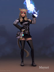 Rule 34 | 1girl, animal ears, black footwear, black gloves, blonde hair, blue eyes, boots, cat ears, cat tail, commission, detached sleeves, final fantasy, final fantasy xiv, full body, gloves, goggles, goggles on head, gun, hand on own hip, highres, holding, holding gun, holding weapon, lips, long hair, looking at viewer, machinist (final fantasy), max domikov, miqo&#039;te, skirt, smile, solo, standing, tail, thigh boots, thighhighs, weapon