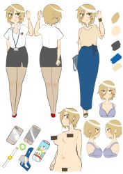 Rule 34 | 1girl, absurdres, bar censor, black skirt, blonde hair, breasts, brown thighhighs, censored, censored nipples, character sheet, cocoa fuumi, full body, hair between eyes, highres, id card, jewelry, jitome, lanyard, looking at viewer, miniskirt, mole, mole on neck, momoko-san (cocoa fuumi), multiple views, nude, office lady, original, pencil skirt, shirt, short hair, side slit, simple background, skirt, thighhighs, white background, white shirt