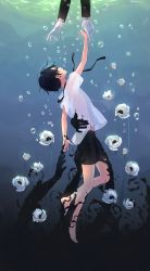 Rule 34 | 2boys, air bubble, anemone (flower), artist name, barefoot, black hair, black ribbon, black shorts, bubble, ciel phantomhive, commentary, disembodied limb, earrings, english commentary, flower, gloves, highres, holding hands, jewelry, kuroshitsuji, long sleeves, looking up, male focus, marmaladica, multiple boys, out of frame, outstretched arm, purple eyes, reaching, ribbon, sebastian michaelis, see-through, shirt, short sleeves, shorts, solo focus, underwater, white flower, white gloves, white shirt