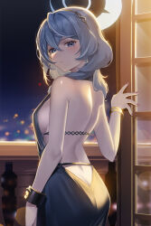 Rule 34 | 1girl, ako (blue archive), ako (dress) (blue archive), ass, back, backless dress, backless outfit, black hairband, blue archive, blue dress, blue eyes, blue hair, blue halo, blush, breasts, butt crack, closed mouth, cuffs, daika!!, door, dress, earrings, hair between eyes, hairband, halo, handcuffs, highres, holding, holding handcuffs, jewelry, large breasts, long hair, night, official alternate costume, sideboob, sleeveless, sleeveless dress, solo