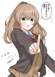 Rule 34 | 1girl, abataa, absurdres, bow, bowtie, brown cardigan, brown hair, brown jacket, brown skirt, cardigan, character name, commentary request, dated, green eyes, hair ornament, highres, index finger raised, jacket, kantai collection, kumano (kancolle), kumano kai ni (kancolle), long hair, ponytail, red bow, red bowtie, signature, simple background, skirt, solo, speech bubble, translation request, upper body, white background