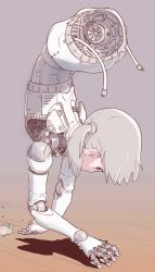Rule 34 | 1girl, amputee, android, cable, full body, grey background, grey hair, handstand, highres, joints, mechanical parts, missing limb, original, robot joints, solo, sukabu
