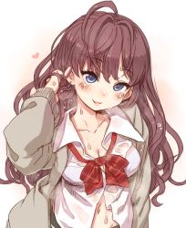 Rule 34 | 10s, 1girl, 7010, :d, bad id, bad twitter id, blue eyes, blush, breasts, brown hair, cardigan, cleavage, collarbone, heart, ichinose shiki, idolmaster, idolmaster cinderella girls, inactive account, jacket, long hair, looking at viewer, navel, open cardigan, open clothes, open mouth, school uniform, simple background, smile, solo, sweat, sweater jacket, wet, white background