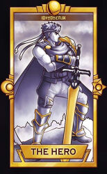 Rule 34 | 1boy, belt, black border, boots, border, bracer, cape, cliff, closed mouth, cloud, cloudy sky, collared vest, commentary, crescent, crossed arms, denim, english commentary, english text, fire emblem, frown, full body, headband, huge weapon, ike (fire emblem), jeans, knee boots, leg belt, limited palette, looking to the side, male focus, muscular, muscular male, nintendo, pants, quas-quas, shirt, short hair, single shoulder pad, sky, sleeveless, sleeveless shirt, smash ball, solo, spiked hair, star (symbol), super smash bros., sword, tarot, tarot (medium), vest, weapon
