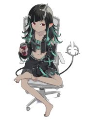 Rule 34 | 1girl, barefoot, belt, belt bra, black hair, black jacket, black skirt, blue belt, blue hair, can, chair, chest belt, closed mouth, clothing cutout, commentary, cropped jacket, cross-laced clothes, cross-laced sleeves, demon girl, demon horns, demon tail, drink can, flat chest, full body, grey skirt, holding, holding can, horns, jacket, layered skirt, long hair, long sleeves, looking at viewer, midriff, multicolored hair, nanashi inc., navel, open clothes, open jacket, pointy ears, red eyes, shishio chris, shoulder cutout, simple background, sitting, skirt, soda can, solo, sugar lyric, tail, two-tone hair, virtual youtuber, white background, zipper skirt, zzz (draw)