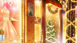 Rule 34 | awning, blurry, blurry foreground, box, brick, christmas, christmas lights, christmas ornaments, christmas star, christmas tree, christmas wreath, crescent moon, dress, film grain, game cg, gift, gift box, high heels, izumi tsubasu, mannequin, moon, night, no humans, non-web source, official art, outdoors, pinecone, pink dress, re:stage!, sash, scenery, shoes, snowflakes, star (sky), storefront, tinsel, unworn shoes, white footwear, white sash, wreath