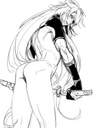 Rule 34 | 10s, 1boy, animal ears, ass, back, fox ears, from behind, gloves, katana, kogitsunemaru, lineart, long hair, looking at viewer, male focus, monochrome, muscular, parted lips, simple background, solo, sword, touken ranbu, very long hair, weapon, white background, zuwai kani