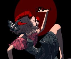 Rule 34 | 1girl, black background, blue dress, crude oil, cup, detached sleeves, dress, drinking glass, feet out of frame, frilled dress, frills, hair between eyes, horn ornament, horn ribbon, horns, long bangs, looking at viewer, looking to the side, meandros, medium hair, open mouth, patterned clothing, pink sleeves, pouring, pouring onto self, profile, red background, red eyes, red horns, ribbon, sharp teeth, sheep horns, smile, solo, teeth, touhou, toutetsu yuuma, white hair, wine glass, xian qishui