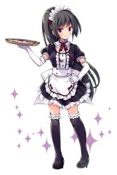 Rule 34 | 1girl, alternate costume, alternate hairstyle, apron, black dress, black hair, black thighhighs, dress, elbow gloves, fish, frilled apron, frilled dress, frilled thighhighs, frills, full body, gloves, isokaze (kancolle), kantai collection, long hair, looking at viewer, maid, maid headdress, odawara hakone, ponytail, red eyes, saury, simple background, smile, solo, sparkle, thighhighs, tray, waist apron, waitress, white apron, white background, white gloves