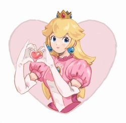 Rule 34 | 1girl, blonde hair, blue eyes, breasts, brooch, closed mouth, cropped torso, crown, dot nose, dress, earrings, elbow gloves, eyelashes, gloves, hands up, heart, heart background, heart hands, highres, jewelry, jors, lips, long hair, looking at viewer, mario (series), nintendo, pink background, pink dress, pink lips, princess, princess peach, puffy short sleeves, puffy sleeves, short sleeves, small breasts, smile, solo, super mario bros. 1, white background, white gloves