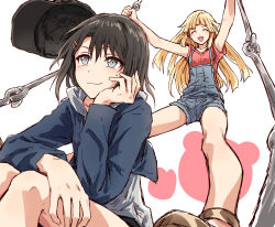 Rule 34 | 2girls, ^ ^, bad id, bad twitter id, bang dream!, baseball cap, black hair, black hat, blonde hair, blue jacket, blue overalls, blunt bangs, bullfalk, closed eyes, closed mouth, commentary request, cropped jacket, eyebrows hidden by hair, floating hat, grey eyes, grey hoodie, hair ornament, hairclip, hand on own cheek, hand on own face, hat, highres, hood, hoodie, jacket, long hair, medium hair, multiple girls, okusawa misaki, open mouth, orange shirt, overall shorts, overalls, shirt, short sleeves, sitting, smile, smirk, standing, sweatdrop, swing, tsurumaki kokoro, white background