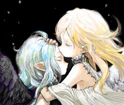Rule 34 | 2girls, angel, angel wings, bad drawr id, bad id, bare shoulders, black background, black wings, blonde hair, blue hair, character request, closed eyes, closed mouth, copyright request, dress, feathered wings, from side, hand on another&#039;s head, hug, kiss, kissing forehead, long hair, michi ta (masquerade), multicolored hair, multiple girls, oekaki, pointy ears, profile, simple background, upper body, water drop, white dress, white hair, white wings, wings, yuri