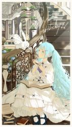 Rule 34 | 1girl, black footwear, blue eyes, blue hair, blush, book, closed mouth, collared dress, commentary request, dress, frilled dress, frills, hair ornament, hairclip, happy birthday, harmonica, hatsune miku, highres, holding, holding instrument, indoors, instrument, linfi-muu, long hair, long sleeves, mary janes, open book, puffy long sleeves, puffy sleeves, purple neckwear, rabbit, rabbit yukine, railing, ribbed legwear, shoes, sitting, sitting on stairs, smile, socks, stairs, twintails, very long hair, vocaloid, white dress, white legwear