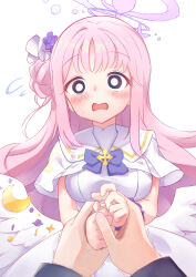Rule 34 | 1boy, 1girl, blue archive, blue bow, blush, bow, breasts, capelet, dress, feathered wings, flower, flying sweatdrops, hair bun, hair flower, hair ornament, halo, highres, holding hands, long hair, long sleeves, low wings, medium breasts, mika (blue archive), open mouth, pink hair, pov, purple flower, sensei (blue archive), simple background, single side bun, solo focus, sota, sweat, trembling, very long hair, wavy mouth, white background, white capelet, white dress, white wings, wings