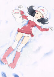 Rule 34 | 1girl, bag, beanie, black hair, blush stickers, boots, closed eyes, coat, commentary request, creatures (company), dawn (pokemon), day, duffel bag, from above, full body, game freak, hair ornament, hairclip, hat, highres, long hair, long sleeves, lying, microsd (pibo), mittens, nintendo, on back, open mouth, outdoors, panties, pink coat, pink footwear, pokemon, pokemon dppt, pokemon platinum, scarf, snow, solo, thighhighs, underwear, white bag, white hat, white mittens, white panties, white scarf, white thighhighs