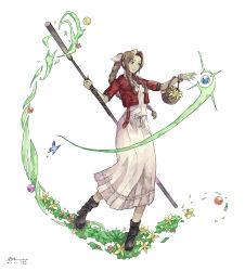 Rule 34 | 1girl, absurdres, aerith gainsborough, bangle, basket, blue butterfly, boots, bracelet, braid, braided ponytail, breasts, brown footwear, brown hair, bug, butterfly, choker, cropped jacket, dress, final fantasy, final fantasy vii, final fantasy vii remake, flower, flower basket, flower choker, full body, green eyes, hair ribbon, highres, holding, holding basket, holding staff, insect, jacket, jewelry, long dress, long hair, looking at object, magic, materia, medium breasts, parted bangs, pink dress, pink flower, pink ribbon, red jacket, ribbon, short sleeves, sidelocks, signature, smile, solo, staff, standing, subakeye, wavy hair, white background, yellow flower