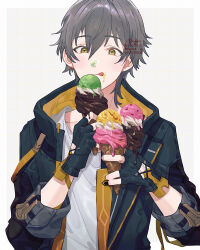 Rule 34 | 1boy, artist name, black gloves, black jacket, caelus (honkai: star rail), closed mouth, fingerless gloves, food, food on face, gloves, grey hair, hair between eyes, hands up, holding, holding food, holding ice cream, honkai: star rail, honkai (series), hood, hooded jacket, ice cream, ice cream cone, ice cream on face, jacket, long sleeves, looking at food, male focus, open clothes, open jacket, rowya, shirt, short hair, simple background, smile, solo, standing, t-shirt, tongue, tongue out, trailblazer (honkai: star rail), two-sided fabric, two-sided jacket, white background, white shirt, yellow eyes, yellow jacket