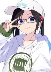 1girl baseball_cap black_hair blue_eyes breasts closed_mouth collarbone commentary dot_nose glasses hand_up hat highres hood hood_down hoodie idolmaster idolmaster_shiny_colors long_hair long_sleeves looking_at_viewer mitsumine_yuika rauto semi-rimless_eyewear simple_background small_breasts smile solo twintails under-rim_eyewear upper_body v white_background white_hoodie yellow-framed_eyewear