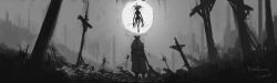 Rule 34 | 1other, bloodborne, cloak, coat, cross, eldritch abomination, floating, from behind, full moon, gloves, greyscale, hat, highres, holding, holding weapon, hunter (bloodborne), monochrome, monster, moon, moon presence (bloodborne), outdoors, saw, saw cleaver, sky, standing, tentacles, tripdancer, weapon