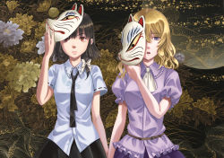 Rule 34 | 2girls, album cover, belt, black necktie, black skirt, blonde hair, blouse, bow, closed mouth, cover, eyebrows, floral background, fox mask, frills, frown, hair bow, holding, holding mask, kyuu umi, maribel hearn, mask, mask on head, unworn mask, multiple girls, necktie, one eye covered, open mouth, pleated skirt, puffy short sleeves, puffy sleeves, purple eyes, purple skirt, red eyes, ribbon-trimmed collar, ribbon-trimmed sleeves, ribbon trim, shirt, short hair, short sleeves, skirt, touhou, upper body, usami renko, waves, white bow, white shirt