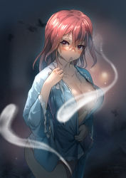 Rule 34 | 1girl, absurdres, baozishark, blush, breasts, bug, butterfly, commentary, cowboy shot, expressionless, hair between eyes, highres, hitodama, bug, large breasts, long hair, long sleeves, looking at viewer, mole, mole on breast, mouth hold, pink eyes, pink hair, robe, saigyouji yuyuko, see-through, solo, standing, symbol-only commentary, touhou, wet, wet clothes, wet hair, wide sleeves