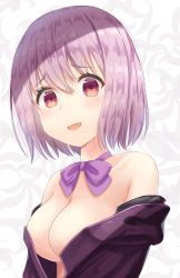 Rule 34 | 10s, 1girl, :d, armpit crease, bare shoulders, blush, bow, bowtie, breasts, cleavage, collarbone, commentary request, gridman universe, hair between eyes, highres, jacket, looking at viewer, medium breasts, mimikaki (men bow), no bra, off shoulder, open clothes, open jacket, open mouth, purple bow, purple bowtie, purple hair, purple jacket, red eyes, shinjou akane, short hair, smile, solo, ssss.gridman, tareme, upper body, white background