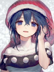 Rule 34 | 1girl, ainy, blue eyes, blue hair, blush, breasts, commentary request, doremy sweet, fur trim, hair between eyes, hand in own hair, hat, highres, looking at viewer, nightcap, open mouth, pom pom (clothes), red hat, smile, solo, touhou, upper body