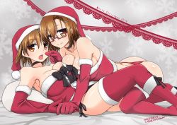 Rule 34 | 2016, 2girls, :o, all fours, artist name, ass, bare shoulders, between legs, black bow, black neckwear, black panties, black ribbon, boots, bow, breast press, breasts squeezed together, breasts, brown eyes, brown hair, choker, christmas, collarbone, elbow gloves, feeding, female focus, food, fruit, g-string, girl on top, gloves, hair ornament, hairclip, holding hands, hat, highres, huge breasts, karui ritsuko, large breasts, looking at viewer, lying, lying on person, merry christmas, midriff, multiple girls, neck, on back, open mouth, original, otosakazuki torako, panties, red-framed eyewear, red footwear, red gloves, red legwear, red panties, ribbon, santa costume, santa hat, semi-rimless eyewear, short hair, side-tie panties, smile, strapless, strawberry, symmetrical docking, thighhighs, thong, tokihama jirou, tube top, underwear, yuri