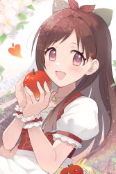 Rule 34 | 1girl, absurdres, antenna hair, apple hair ornament, blush, brown hair, dress, floral background, food, food-themed hair ornament, fruit, gum (vivid garden), hair ornament, heart, highres, holding, holding food, holding fruit, idolmaster, idolmaster cinderella girls, long hair, looking at viewer, pinafore dress, puffy short sleeves, puffy sleeves, red eyes, ringorou (idolmaster), short sleeves, sleeveless dress, smile, solo, strapless, tsujino akari, upper body, very long hair, wrist cuffs