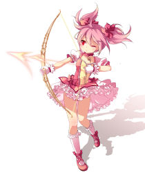 Rule 34 | 10s, 1girl, arrow (projectile), bow (weapon), bubble skirt, chiyingzai, full body, gloves, kaname madoka, magical girl, mahou shoujo madoka magica, mahou shoujo madoka magica (anime), one eye closed, pink hair, red eyes, shadow, shoes, short hair, simple background, skirt, solo, weapon, white gloves, wink