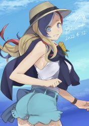 Rule 34 | 1girl, alternate costume, artist logo, blonde hair, blue eyes, blue hair, blue jacket, blue shorts, blue sky, casual, cloud, commandant teste (kancolle), cowboy shot, dated, day, grin, hat, highres, jacket, jacket on shoulders, kantai collection, long hair, multicolored hair, one-hour drawing challenge, outdoors, red hair, shorts, sky, smile, solo, streaked hair, sun hat, tank top, toriniku senshi chikinman, wavy hair, white hair