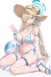 Rule 34 | 1girl, alternate costume, asuna (blue archive), ball, bare shoulders, beachball, bikini, blue archive, blue bikini, blue eyes, blue halo, blue nails, blush, breasts, brown hat, choker, cleavage, collarbone, eyes visible through hair, flower, grin, hair over one eye, halo, halterneck, hat, highres, jewelry, kaworu (1030), large breasts, light brown hair, long hair, looking at viewer, mole, mole on breast, navel, necklace, pendant, sandals, simple background, sitting, smile, solo, stomach, straw hat, string bikini, striped bikini, striped clothes, sun hat, swimsuit, thigh strap, thighs, toes, v, very long hair, wariza, white background