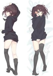 Rule 34 | 1girl, black hoodie, black thighhighs, hood, hoodie, lying, multiple views, nanase kurumi (menhera-chan), no shoes, thighhighs