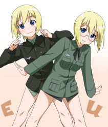 Rule 34 | 2girls, blonde hair, blue eyes, blush, erica hartmann, glasses, military, military uniform, multiple girls, open mouth, pointing, pointing at self, short hair, siblings, sisters, smile, strike witches, strike witches: suomus misfits squadron, twins, uniform, ursula hartmann, world witches series, youkan