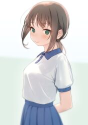 Rule 34 | 1girl, arm behind back, blue skirt, blurry, blush, breasts, brown hair, collared shirt, commentary, cowboy shot, depth of field, from side, fubuki (kancolle), green eyes, highres, kantai collection, looking at viewer, low ponytail, medium breasts, medium hair, official alternate costume, pleated skirt, sakieko, shirt, short sleeves, sidelocks, simple background, skirt, smile, solo, standing, white shirt, wing collar
