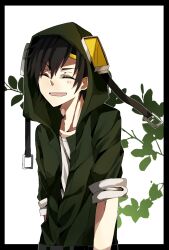 Rule 34 | 1boy, arms at sides, belt, black belt, black border, black hair, border, branch, buckle, closed eyes, collarbone, commentary, facing viewer, goggles, green jumpsuit, hair between eyes, hair ornament, hairclip, highres, hood, hood up, hooded jumpsuit, jumpsuit, kagerou project, leaf, male focus, mekakucity actors, open mouth, outside border, seto kousuke, shigunohito, shirt, short sleeves, simple background, sleeves rolled up, smile, solo, t-shirt, teeth, tinted eyewear, upper body, upper teeth only, white background, white shirt, yellow-tinted eyewear