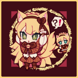 Rule 34 | !?, 1boy, 1girl, animal ears, aqua eyes, bell, blonde hair, border, bright pupils, brown capelet, brown hairband, brown pantyhose, brown ribbon, brown skirt, capelet, cat boy, cat ears, cat girl, cat tail, chibi, chinese commentary, closed mouth, commentary request, er hea, green eyes, hair ribbon, hairband, kemonomimi mode, lobotomy corporation, long hair, long sleeves, matching outfits, neck bell, neck ribbon, open mouth, pantyhose, pleated skirt, project moon, ribbon, round border, shirt, short hair, skirt, smile, speech bubble, spoken interrobang, sweat, tail, tiphereth a (project moon), tiphereth b (project moon), triangle mouth, white pupils, white shirt