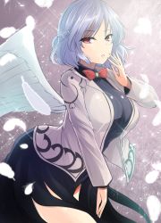 Rule 34 | 1girl, arched back, beige jacket, blurry, bow, bowtie, braid, breasts, brooch, depth of field, dress, eyes visible through hair, feathered wings, feathers, french braid, grey wings, hand up, heart, highres, jacket, jewelry, kishin sagume, large breasts, light, long sleeves, looking at viewer, parted lips, pink lips, purple dress, red eyes, short hair, single wing, skirt, solo, sparkle, suit jacket, thighs, touhou, white hair, white wings, wings, y2